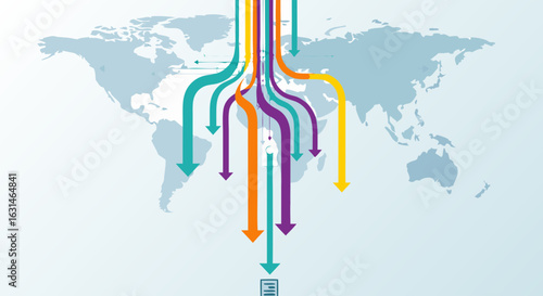 Global data streams depicted by vibrant arrows converging from a world map to a network symbol.