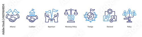 Global Politics web banner icon vector illustration for democracy, international alliances, coalitions, bipartisan systems, monetary policy, and foreign political engagement.