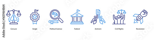 Political Action web banner icon vector illustration for electoral systems, policy formation, censure, single-party dynamics, federal governance, activism, civil rights, and revolutionary movements.