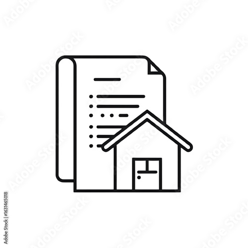 A line art icon of a house and a document, symbolizing a mortgage, property deed, or real estate contract.