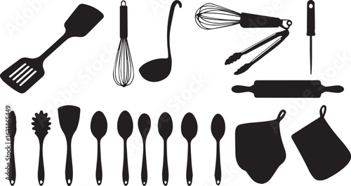 Assortment of Black Silhouette Kitchen Utensils and Potholders on White Background Keywords: kitchenware, utensils, cooking, baking, silhouette, black and white, set, collection, spatula, whisk