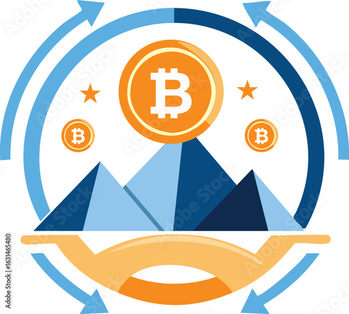 Bitcoin Cryptocurrency Logo with Mountains, Coins, and Arrows – Digital Currency Growth Vector Design