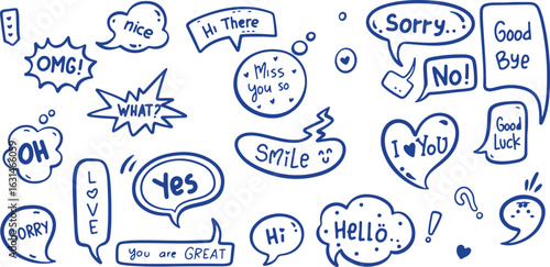 Blue Speech Bubble Doodle Set – Text, Sayings, Greetings, Chat, Messages, Communication, Handwritten, Bubbles, Talk, Typography, Hello, Expression, Cute, Hello Icon, Hello Text, Outline, Comic Style, 