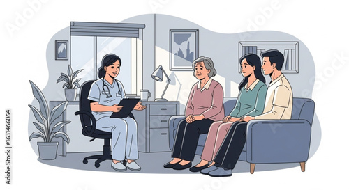 A doctor consults with a family inside a well-lit living room.