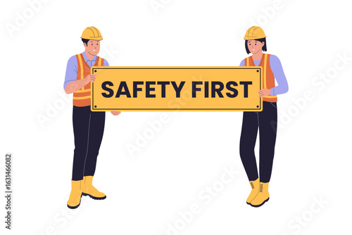 Team of Construction Workers Holding Safety First Banner Illustration. Flat Vector Illustration