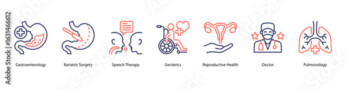 Clinical Focus web banner icon vector illustration featuring Gastroenterology, Bariatric Surgery, Speech Therapy, Geriatrics, Reproductive Health, Doctor, and Pulmonology.