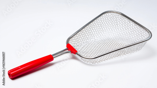 angled aquarium fish scoop net with red handle, shown on white background, designed for easy corner access, safe for moving small and medium fish 