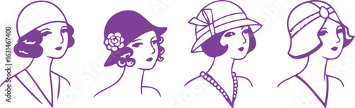 Vintage Women Faces Line Art Set – Retro Female Portraits, Hat Fashion, 1920s Style Doodle Illustration