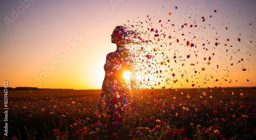 Surreal Dreamscape Woman Made of Flowers Dispersing in Sunset Field Artistic Nature Concept