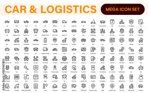 Car and logistics icons in modern thin line style. Covers vehicle hire, transport services, road trips, navigation, fuel, maintenance, and car-related logistics.