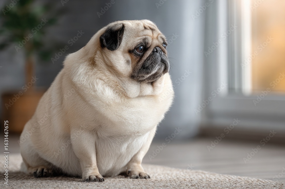 Fototapeta premium overweight Pug Dog Sitting Indoors 