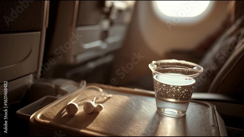 A clear plastic cup filled with water rests on a tray table in an airplane cabin, accompanied by white earphones. Sunlight filters in through the window, creating a calm ambiance