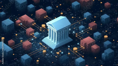 Illustration of a bank building surrounded by pixelated blocks and coins on a circuit board background