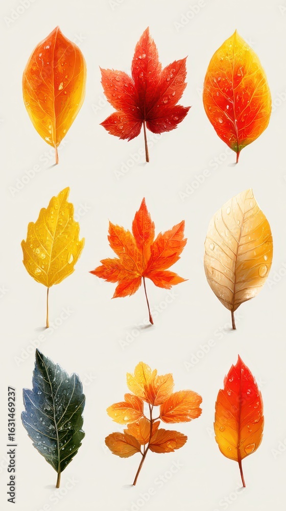 Fototapeta premium Colorful autumn leaves display with droplets arranged on a light background