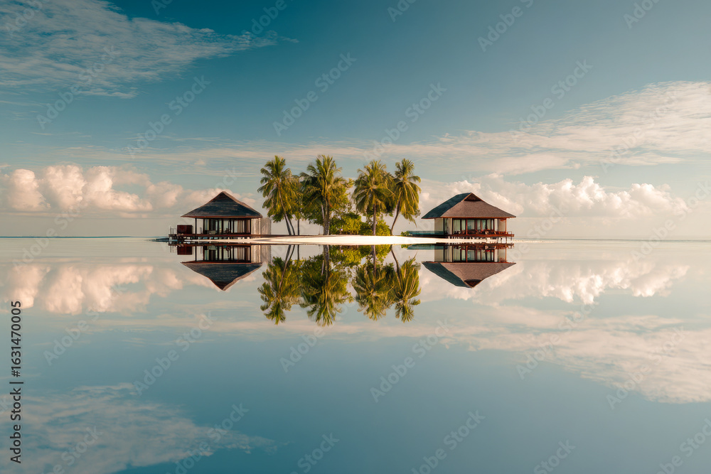 Obraz premium Symmetrical reflection photography, tropical island with ocean reflection.