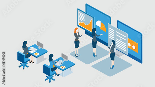 Isometric view of women at desks and presenting data on screens in a business environment setting