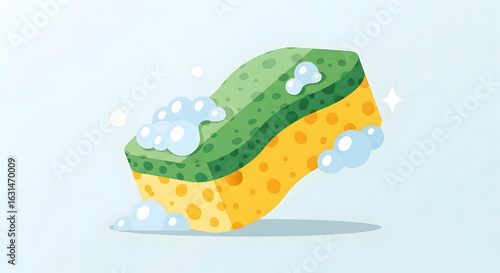 Cleaning Sponge with Bubbles Green and Yellow on Light Blue Background