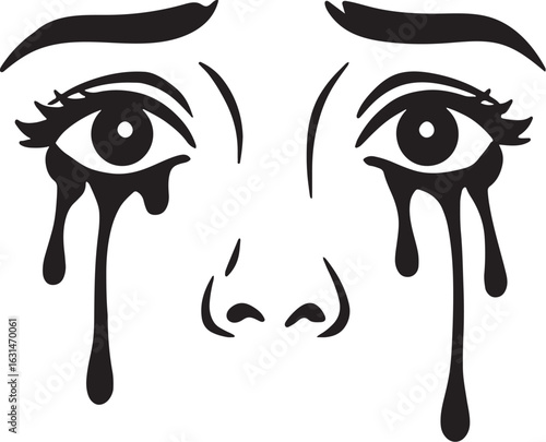 Stylized Black and White Illustration: Weeping Eyes, Dramatic, Emotional Distress, Graphic Art, Sadness, Despair.