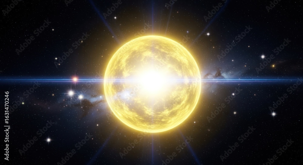Obraz premium Glimmering yellow star with lens flare in a field of twinkling stars and nebulas