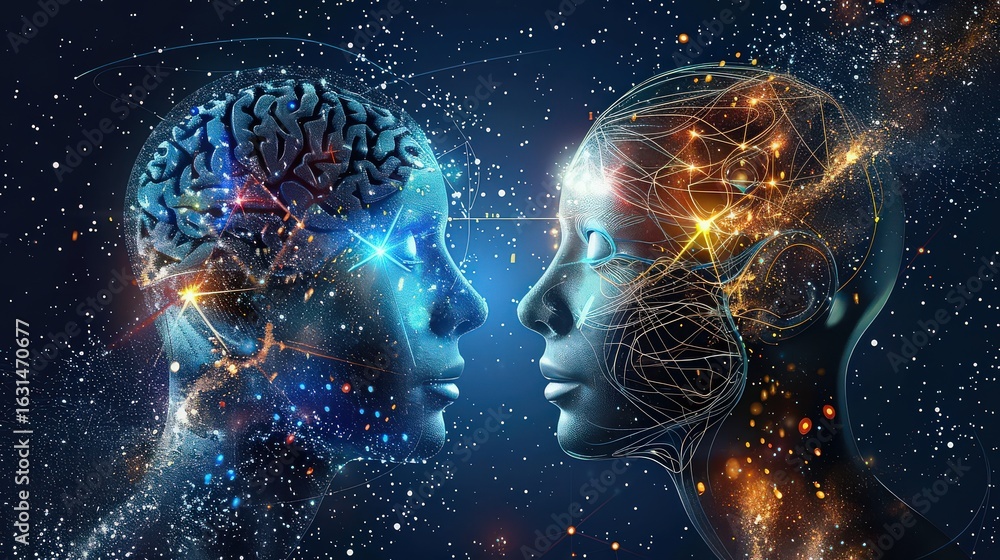 Fototapeta premium Two stylized human heads facing each other with brain and network connections on a starry background