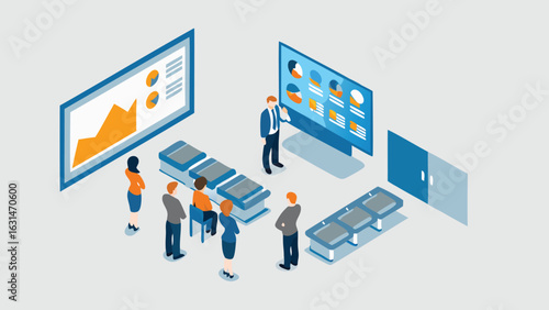 Isometric view of a presentation with data charts and people in a training room environment setting