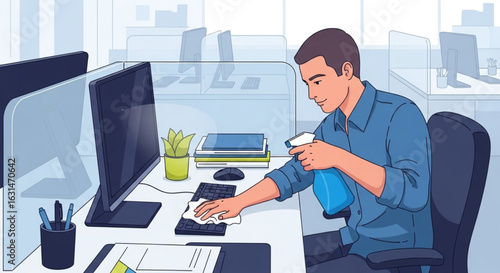 A man sanitizes his office workstation, cleaning the computer and desk.