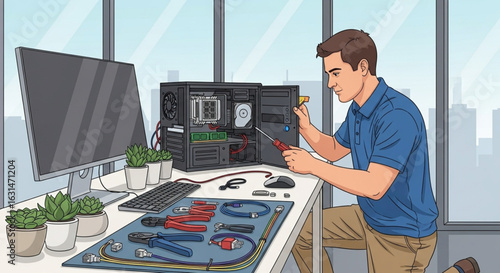 A technician meticulously repairs a desktop computer's internal components at his workstation.