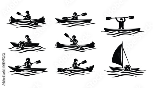Boats and Paddlers in Various Vessels Stick Figure Pictogram Icon Vector Illustration