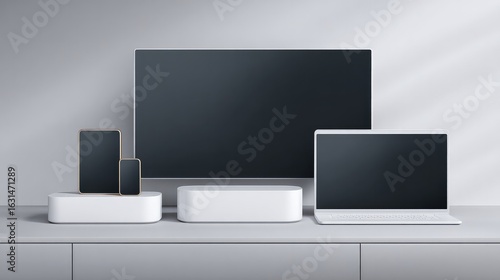 Minimalist modern device on neutral surface, showcasing clean geometric design.