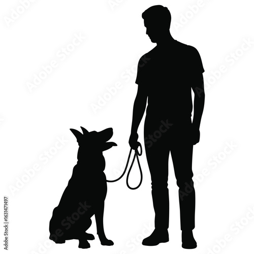 Man and dog obedience training silhouette