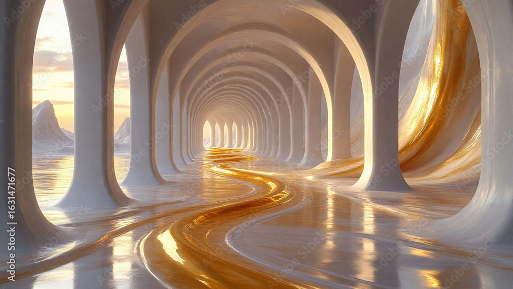 Fototapeta premium Antique white arcade and golden corridor at sunset