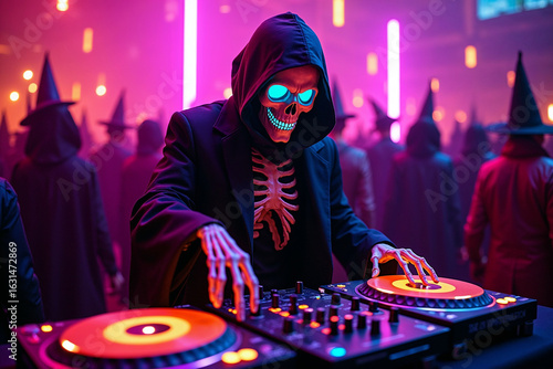 A DJ in a Skeleton Costume Performing at a Halloween Rave Party