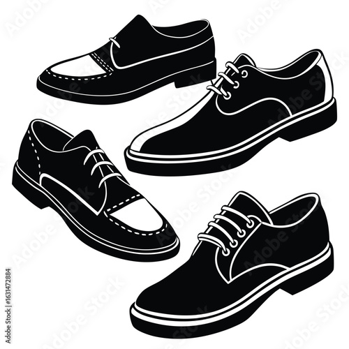 Illustration of a collection of men's shoes in black and white.