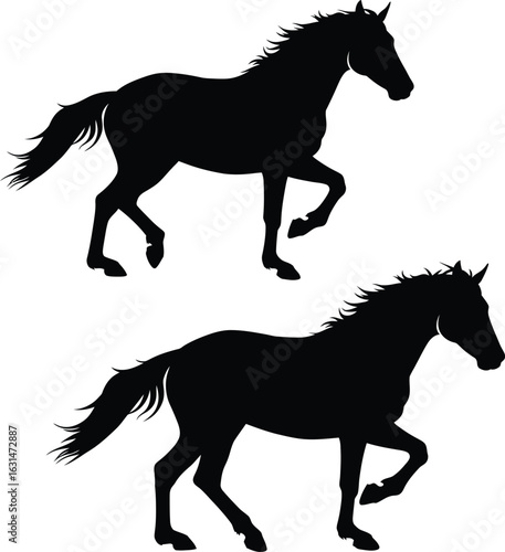 Set of Two Trotting Horse Silhouettes Vector: Elegant Black Running Equine Illustrations – Monochrome Graphic Design Elements for Equestrian Sport, Freedom, Power, Movement, and Farm Animal Symbolism.