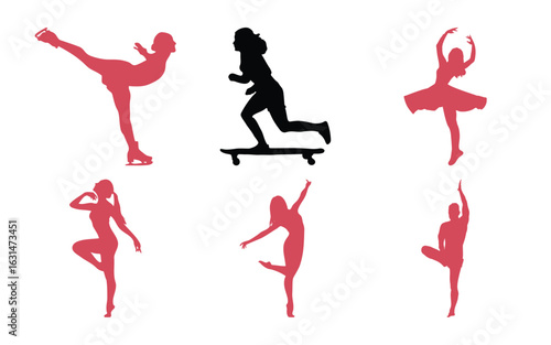Assortment of ballet dancers, ice skater, and rollerblader in various poses, isolated on white background