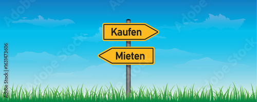 yellow traffic sign with german words buy rent on nature background vector illustration