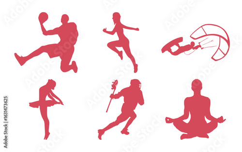 Collection of diverse sports and activities silhouettes including basketball, ballet, kitesurfing, yoga, and lacrosse, isolated on white background