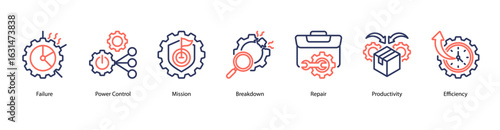 Reliable Output web banner icon vector illustration featuring Failure, Power Control, Mission, Breakdown, Repair, Productivity, and Efficiency.