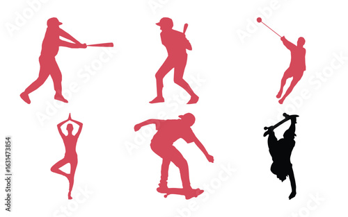 Collection of diverse sports silhouettes including baseball, hammer throw, yoga, and skateboarding, isolated on white background