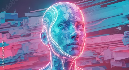 Holographic face on blue-pink backdrop, digital camouflage & neon outline