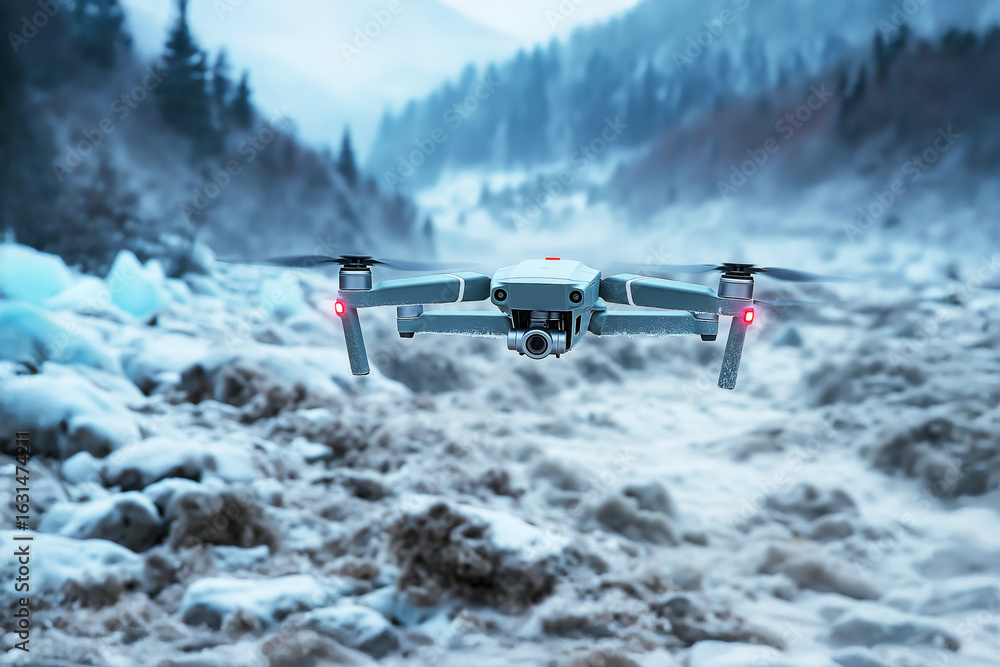 Obraz premium Drone flying over snowy mountain river in winter