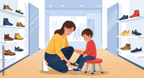 A mother is helping her son try on new shoes in a shoe store, with shelves of footwear visible.