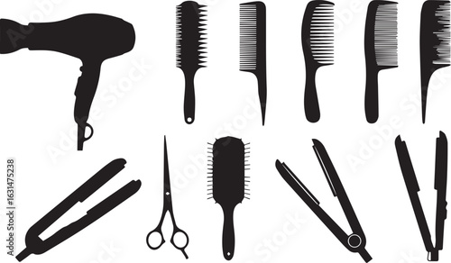 Black Silhouette Icons of Hair Styling Tools on White Background hair dryer comb