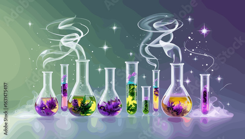 Artistic illustration of colorful lab glassware with herbs and smoke effects