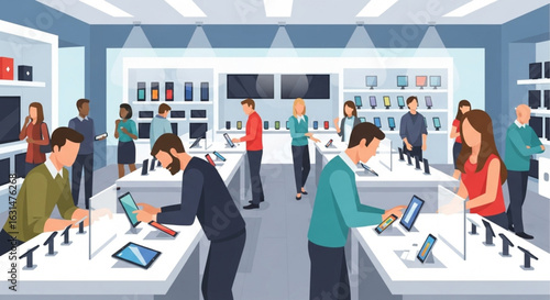 Illustration of people browsing and interacting with electronics inside a brightly lit technology store.
