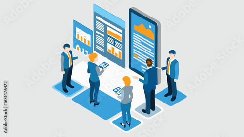 Isometric illustration of a business team analyzing data on screens and mobile devices together