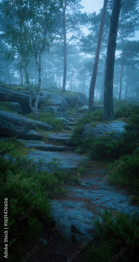 Obraz premium Misty forest path winding through rocks