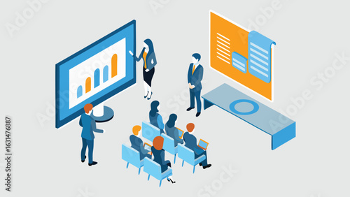 Isometric view of a business presentation with graphs and a team of professionals attending the event