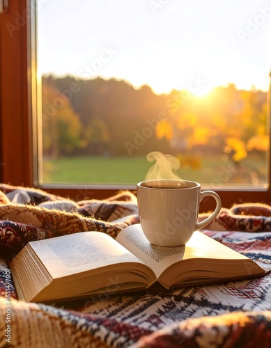 Cozy autumn scene open book, steaming mug on blanket, sunlit window view