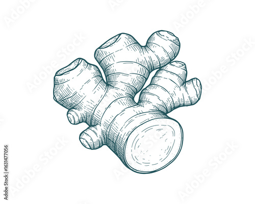 Ginger Root Etching Style Greenish Texture Vector Illustration